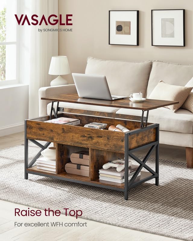 VASAGLE Lift Top Coffee Table with Storage Shelf and Hidden Compartments, 19.7 x 39.4 x (19.3-24.4) Inches, Rustic Brown and Black VASAGLE