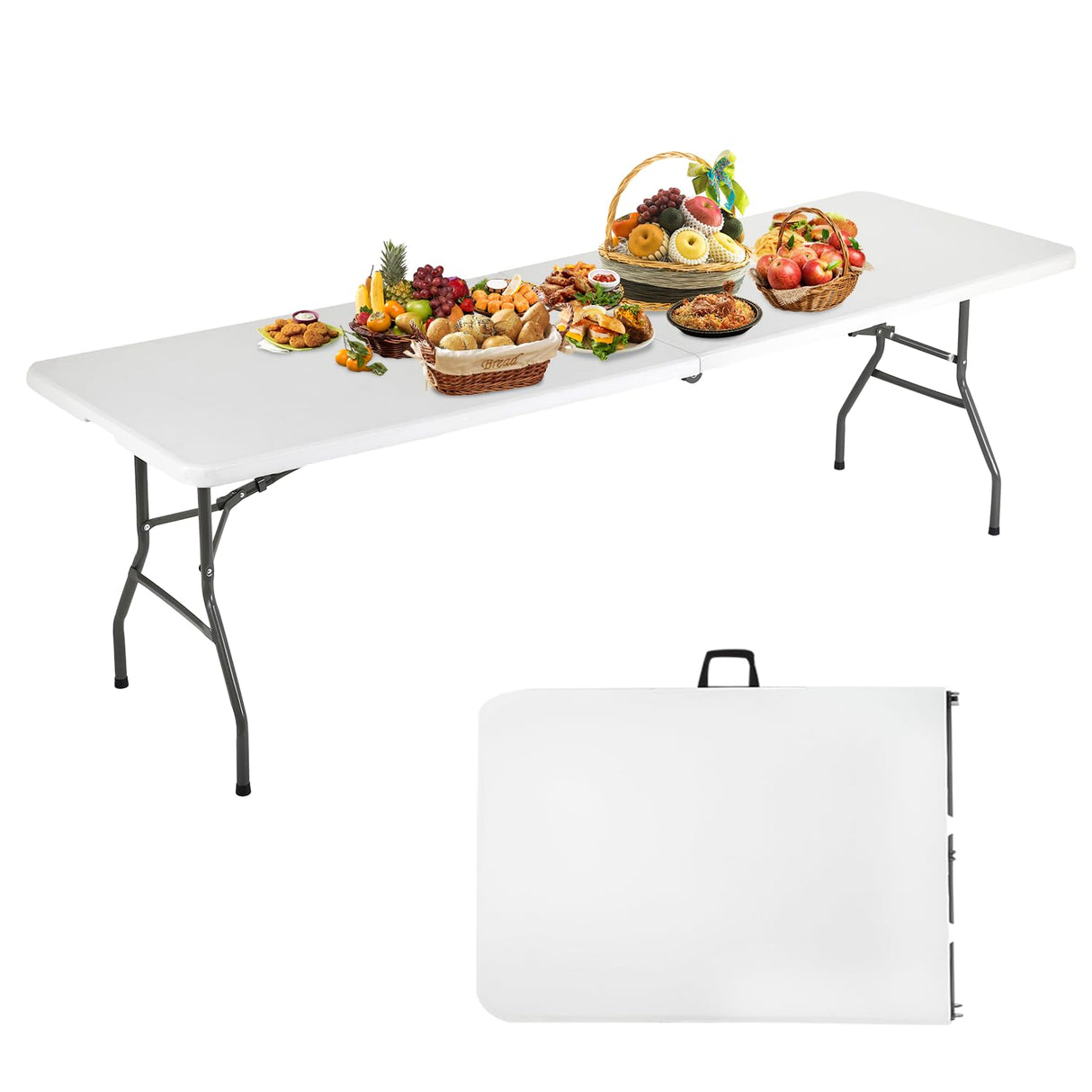 Ruesleag 8FT Folding Table Plastic Camping Table Portable Picnic Table for Easy Storage, Ideal for Outdoors Camping, Picnics, Parties Wedding & Indoor Events with Carrying Handle,White Ruesleag