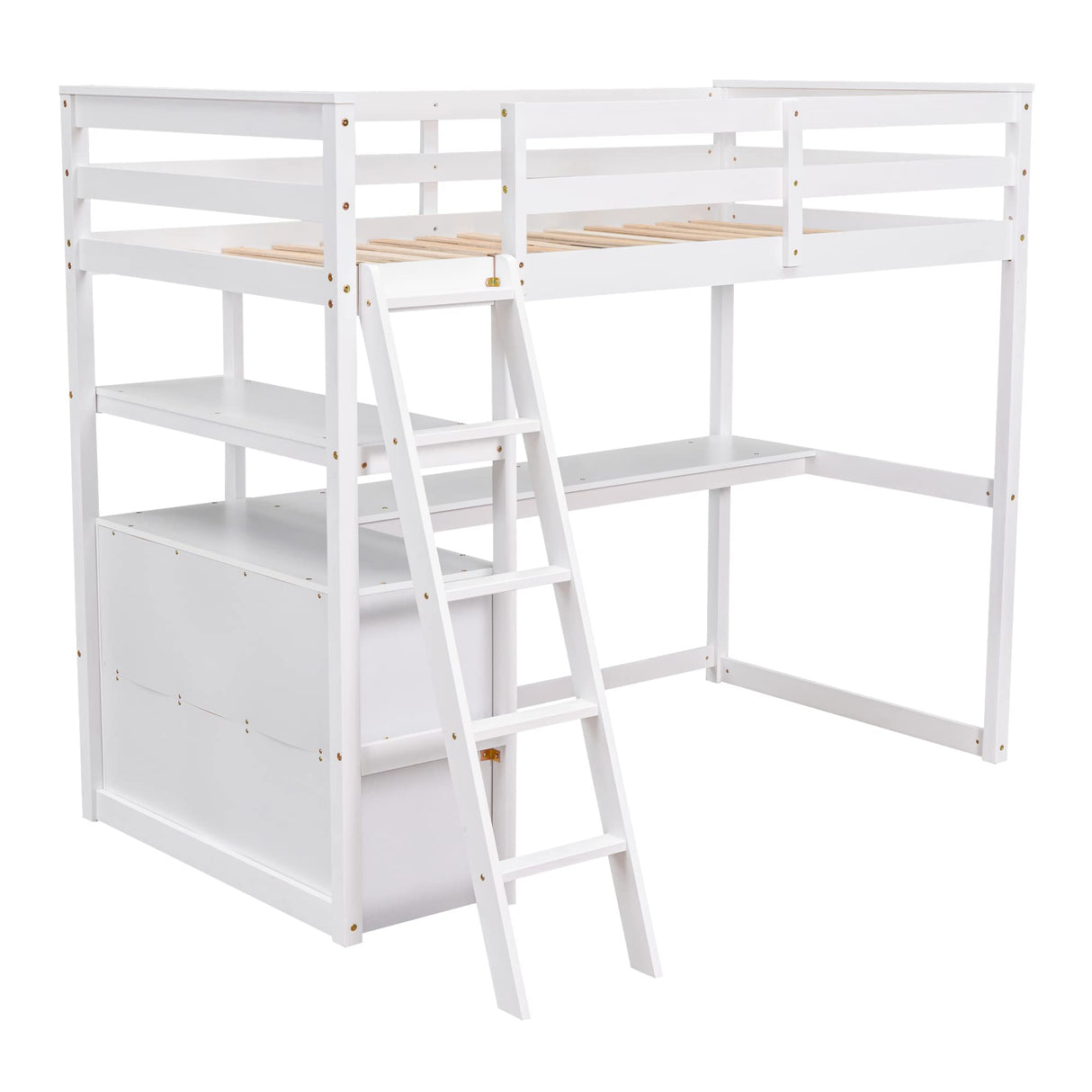 Merax Twin Loft Bed, Twin Size Loft Bed with Desk, Wood Loft Bed Frame with Shelves and 2 Built-in Drawers, No Box Spring Need, White Visit the Merax Store