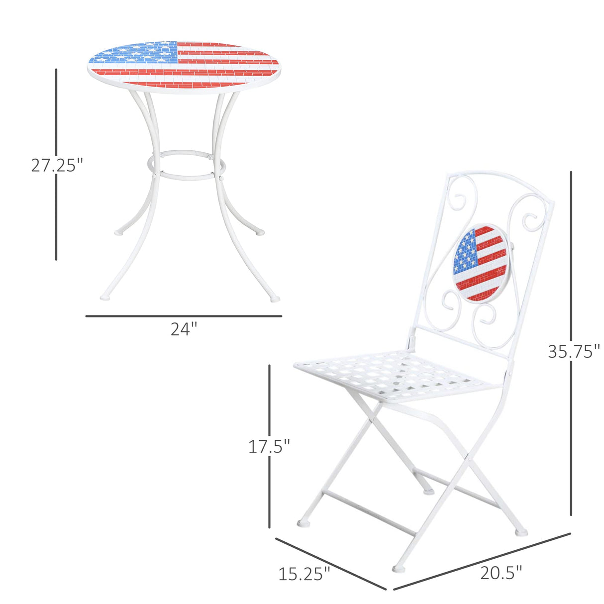 Outsunny 3 Piece Patio Bistro Set, Folding Outdoor Furniture with USA Mosaic Table and Chairs, Portable Metal Frames for 4th of July, Balcony, Backyard, Poolside, Porch, American Flag Outsunny
