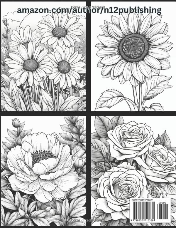 Beautiful Blooms Coloring Pages: 50 Page Relaxing Coloring Book for Kids and Adults | Creative Art Therapy | Roses, Tulips, Sunflowers, Daffodils, Daisies and Lilies in Meditative Scenery Majosta