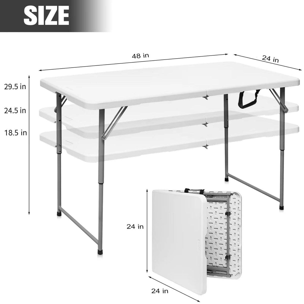 Byliable Folding Table 4 Foot Portable Heavy Duty Plastic Fold-in-Half Utility Table Small Indoor Outdoor Adjustable Height Folding Table with Carrying Handle, Camping and Party,White Byliable