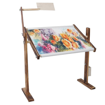 Adjustable Cross Stitch Frame Stand,Wooden Frame for Sewing Embroidery Cross Stitch with Scroll,Desktop Embroidery Stand Side Pocket for Gadget Pine Material