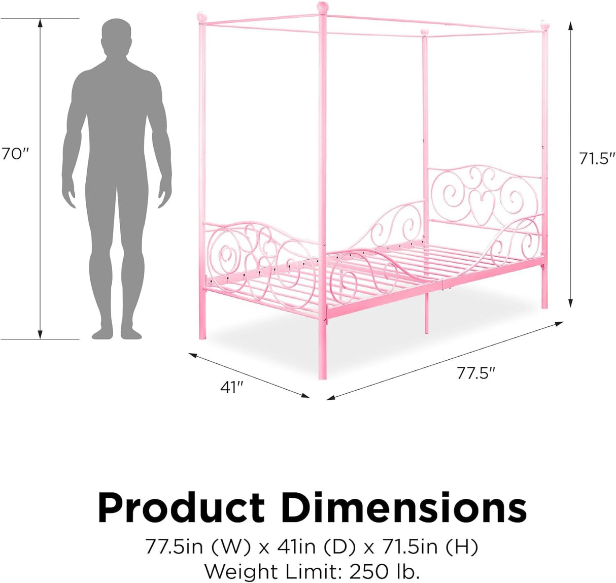 Twin Canopy Bed Frame for Girls, Pink Metal Princess Bed with Heart Design, No Box Spring Needed, Weight Capacity 225 lbs, Underbed Storage Space WoodArtSupply