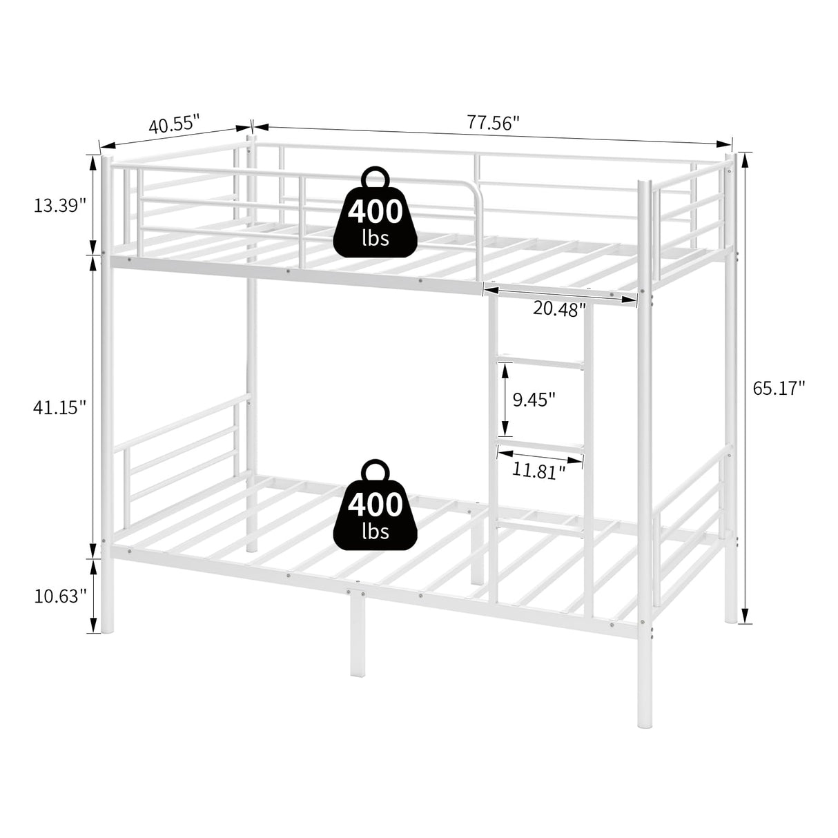 QUJEON Bunk Bed,Twin Over Twin Bunk Beds for Kids Teens Adults,Heavy Duty Metal Slats Bed Frame with Ladders and Guardrail,400 lbs Capacity,No Spring Box Required,White QUJEON