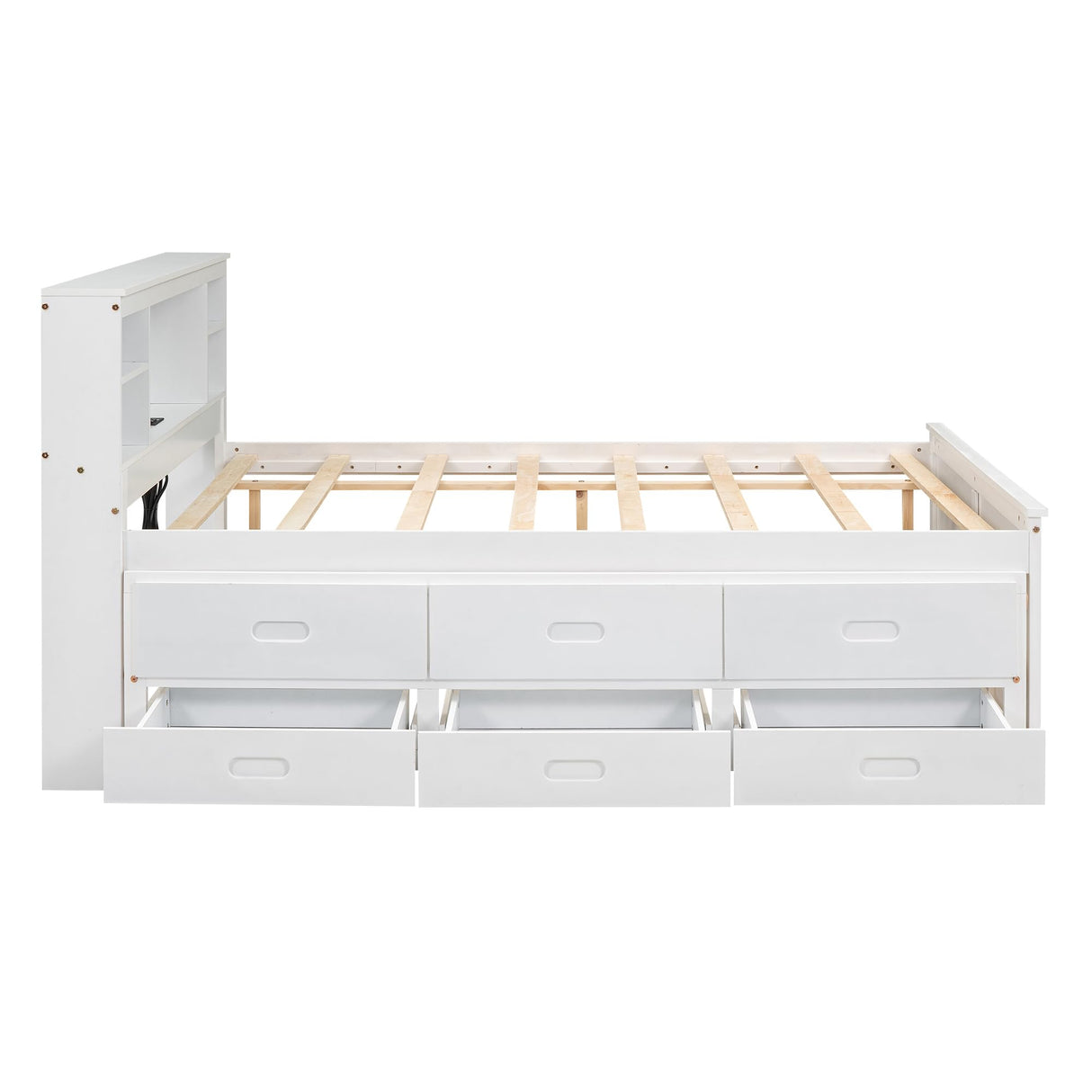 Merax Full Bed Frame with Shelves Headboard and Storage, Teens Wooden Full Size Low Platform Bed with Trundle& Drawers&USB Charging for Bedroom, White Merax