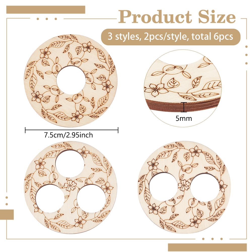 BENECREAT 6 Pcs 3 Styles Wooden Wick Centering Tool, 2.95 Inch Engraved Patterned Wick Holder, 1-Hole 2-Hole 3-Hole Candle Wick Stabilizer for Candle Making DIY BENECREAT