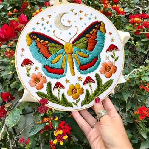 INFUNLY 4 Sets DIY Insect Pattern Embroidery Kits for Starter 11.8"×11.8" Flowers Plants Embroidery Hoop kit Handmade Bees Embroidery Kits Moth Needlepoint Kit with Instruction for Adults Beginners