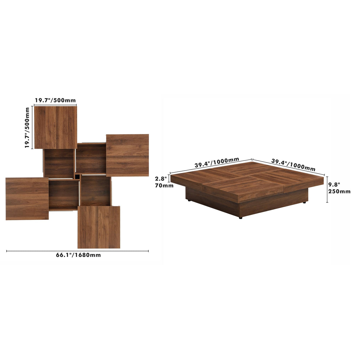 RuiSiSi Square Marble Veneer Coffee Table with Sliding Top and Storage Space, Solid Wood Coffee Table for Living Room, Walnut RuiSiSi