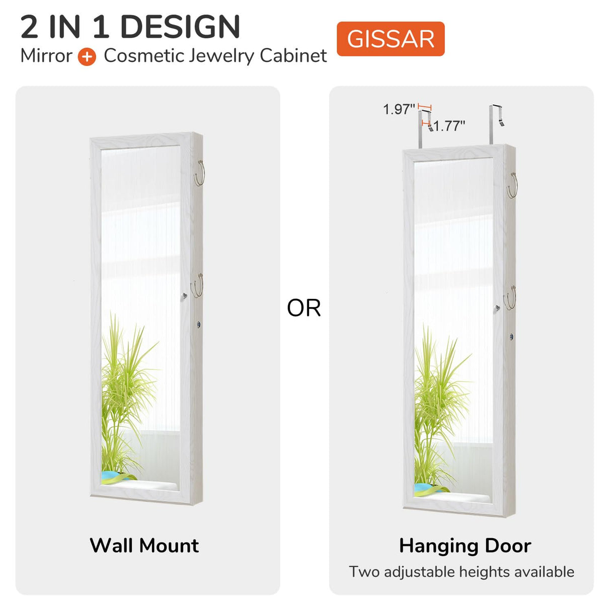 GISSAR Jewelry Mirror Armoire Wall Mount Over The Door Cabinet Storage Organizer Lockable Full Length Door Mirror(White) GISSAR