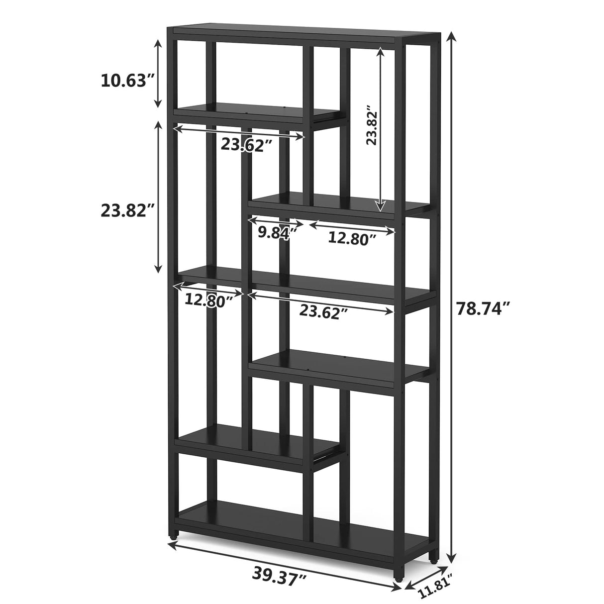 79-Inch Tribesigns 7-Tier Industrial Bookshelf with 10 Open Shelves in Black Tribesigns