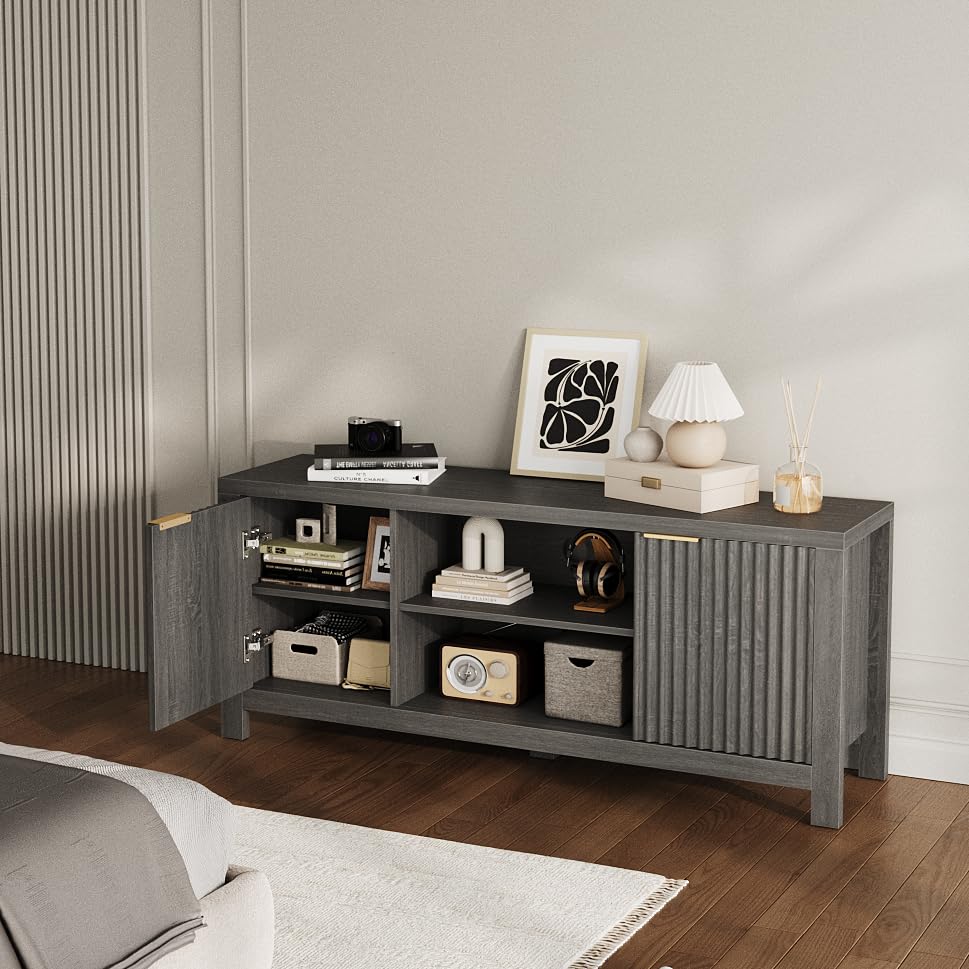 GarveeHome 59" TV Stand for TVs Up to 65 Inches, Mid Century Modern TV Entertainment Center with Storage Cabinets & Open Shelves, Wood TV Cabinet for Living Room, Gray Oak GarveeHome