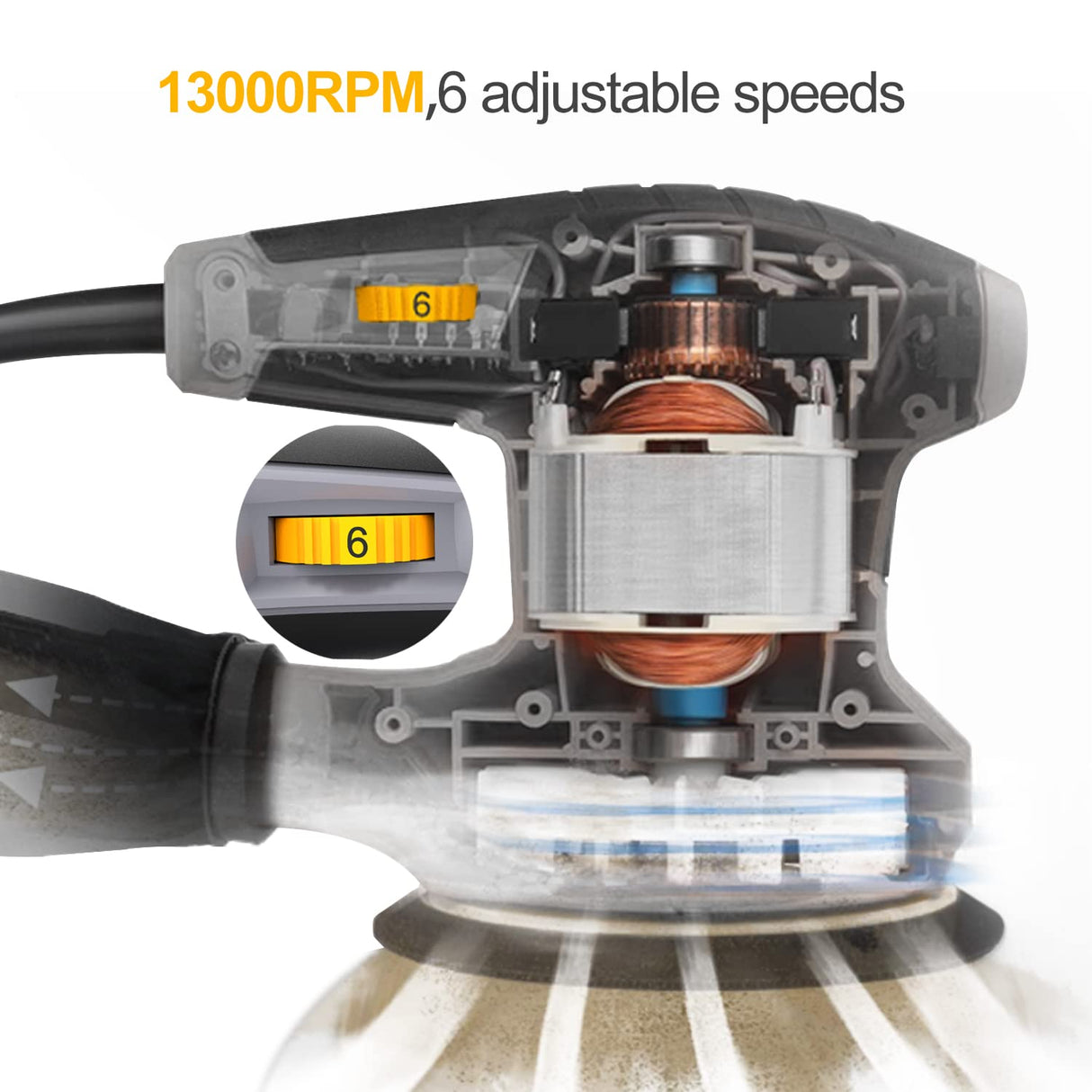 Jellas 5-Inch Random Orbital Sander with 18Pcs Sandpapers, 13000RPM 6 Variable Speed Sander Machine, High Performance Dust Collection System for Woodworking, 2.5A, Dust Collection Bag Include - OS280 Jellas