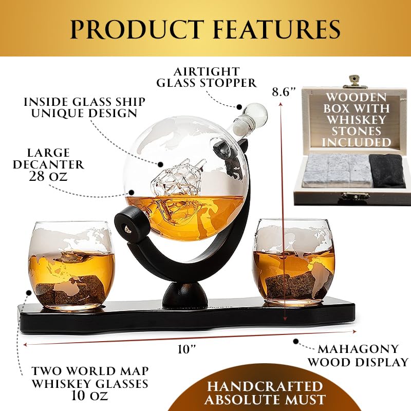 Whiskey Decanter Globe Set with 2 Etched Whiskey Glasses - Gifts for Men Dad, Anniversary Birthday House Warming for Liquor Scotch Bourbon Vodka Gift for Him Husband - 850ml Ship Decanters The Wine Savant