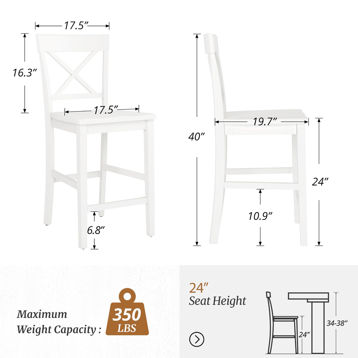 Cozyman Counter Height Bar Stools Set of 2, 24" H Wooden Counter Stools with Back and Footrest, X-Back Farmhouse Barstools for Kitchen Island, Home Bar, White Cozyman