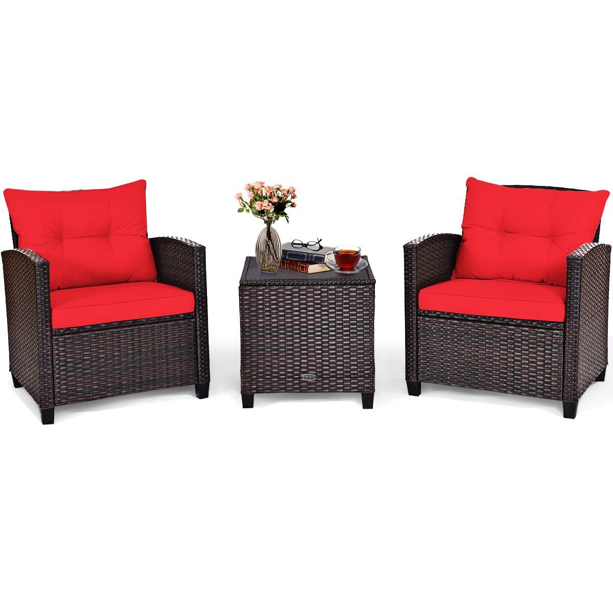 Tangkula 3 Pieces Patio Furniture Set, PE Rattan Wicker 3 Pcs Outdoor Sofa Set w/Washable Cushion and Tempered Glass Tabletop, Conversation Furniture for Garden Poolside Balcony (Red) Tangkula
