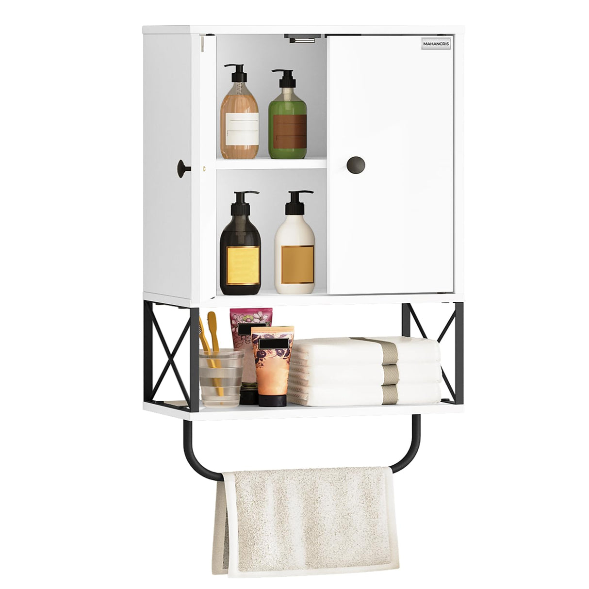 MAHANCRIS Bathroom Wall Cabinet with 2 Door and Adjustable Shelves, Farmhouse Medicine Cabinet with Towel Rack, 3-Tier Wall Mounted Storage Cabinet Over The Toilet for Bathroom Laundry Room, White MAHANCRIS
