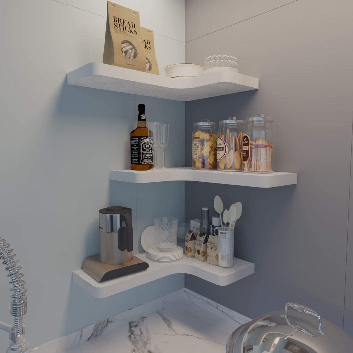 SAUMONIERES Corner Floating Shelves Wall Mount Shelf Solid Wood for Bedroom Bathroom Room Kitchen Storage Set of 3, White, Invisible Brackets SAUMONIERES