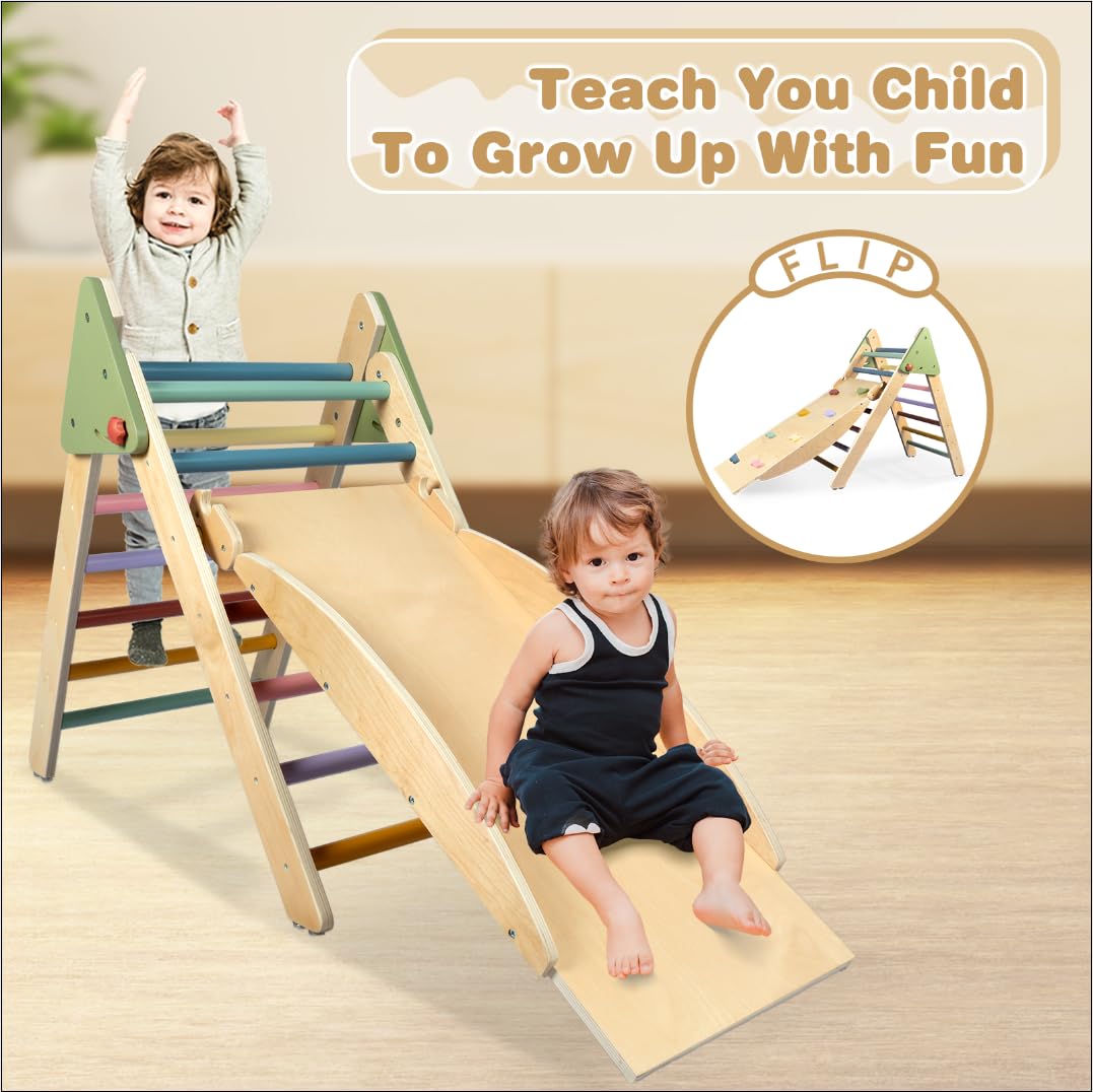 LOL-FUN 4 in 1 Pikler Triangle Set Climber with Ramp & Slide, Large Size Wooden Foldable Toddler Climbing Toys Indoor, Montessori Climbing Toys for Toddlers 1-3 Inside LOL-FUN