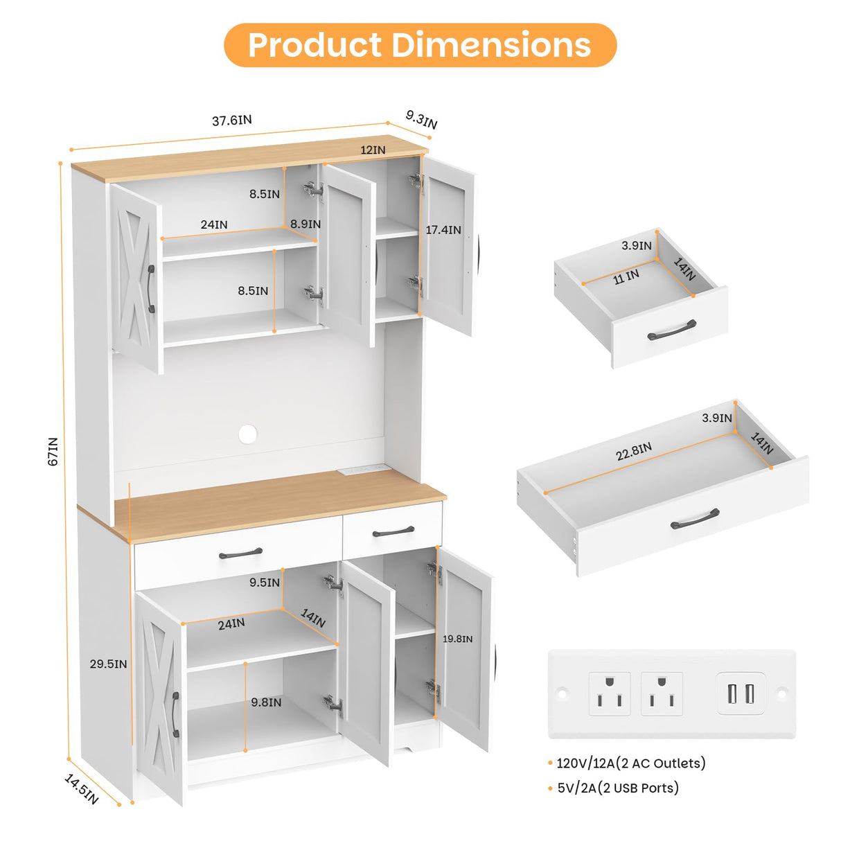 Huisenitre 70 inch Kitchen Pantry Cabinet with Ports, Pantry Cabinet with Microwave Rack, Farmhouse Style Kitchen Pantry with Storage Drawers, Suitable for Living Room, Dining Room, etc (White) Huisenitre