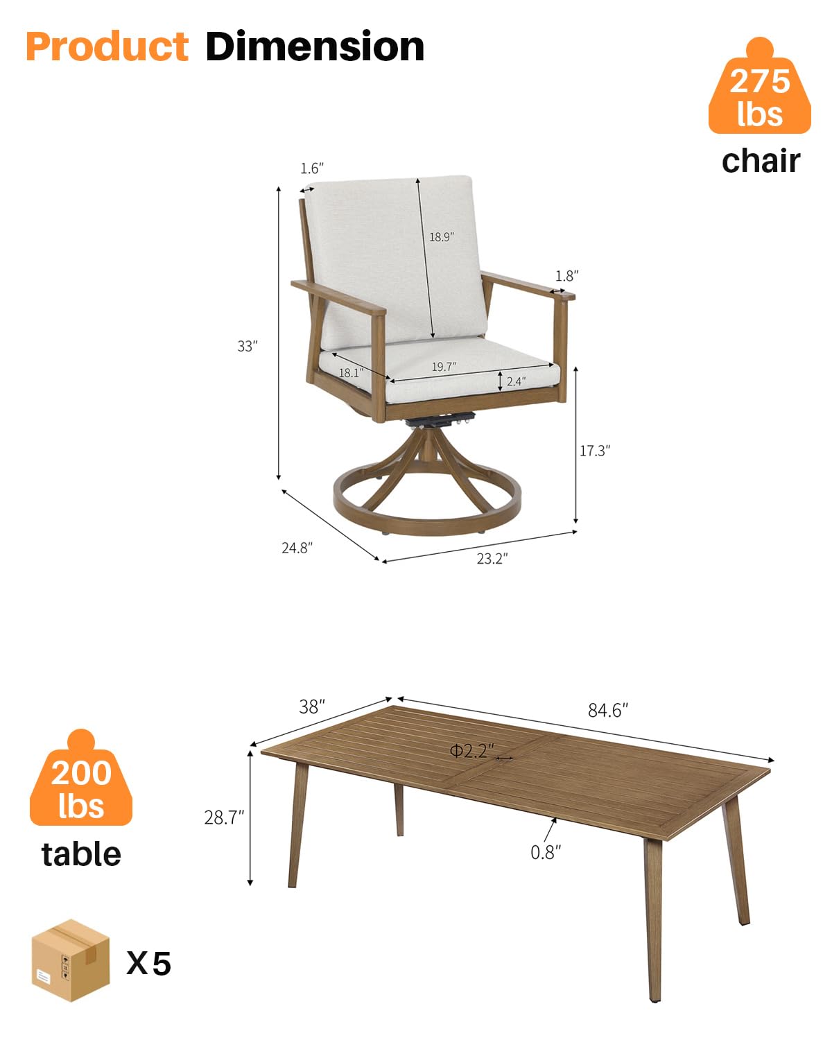 SEEHILL 9 Pieces Patio Dining Set for 8, Outdoor Aluminum Dining Furniture Set with Umbrella Hole, All-Weather Outdoor Patio Table Sets with 8 Swivel Chairs and Table for Deck Backyard Poolside, Teak SEEHILL