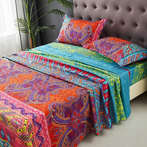 Boho Sheet Set California King Size, 4PCS Bohemian Colorful Tribal 16 Inch Deep Pocket Boho Indian Bedding Sheets, Soft Microfiber Bed Sheet Set Cal king(1 Fitted Sheet, 1 Flat Sheet, 2 Pillowcases) DJY