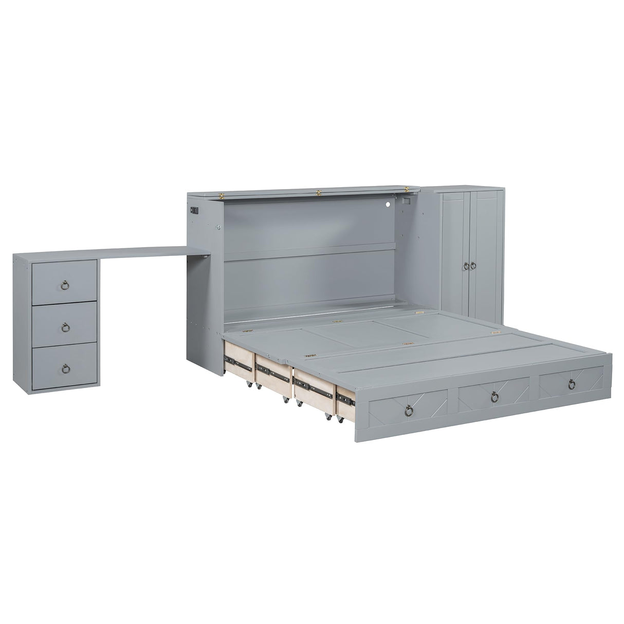 Harper & Bright Designs Queen Size Murphy Bed with Desk, Wooden Queen Murphy Bed with USB Port, Large Drawer and Wardrobe, Gray Harper & Bright Designs