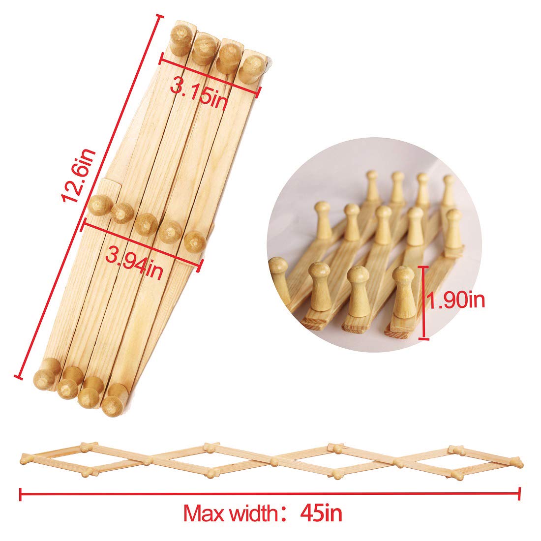 AMAPON Accordion Style Expandable Wall Wooden Coat Rack 13 Hooks (Pegs) Hang Hats Jackets Coffee Mug Purses Necklaces Towels Cap Leash Scarves Data Line Kitchenware AMAPON