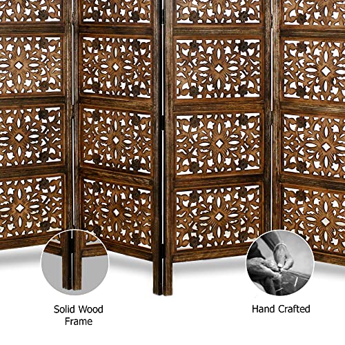 Room Divider Wood Screen - Rajasthan Antique Brown - 4 Panel Folding 72 x 80 - Intricate Hand Carved Decorative Functional Versatile Portable Partition Reversible Freestanding Privacy - COTTON CRAFT COTTON CRAFT