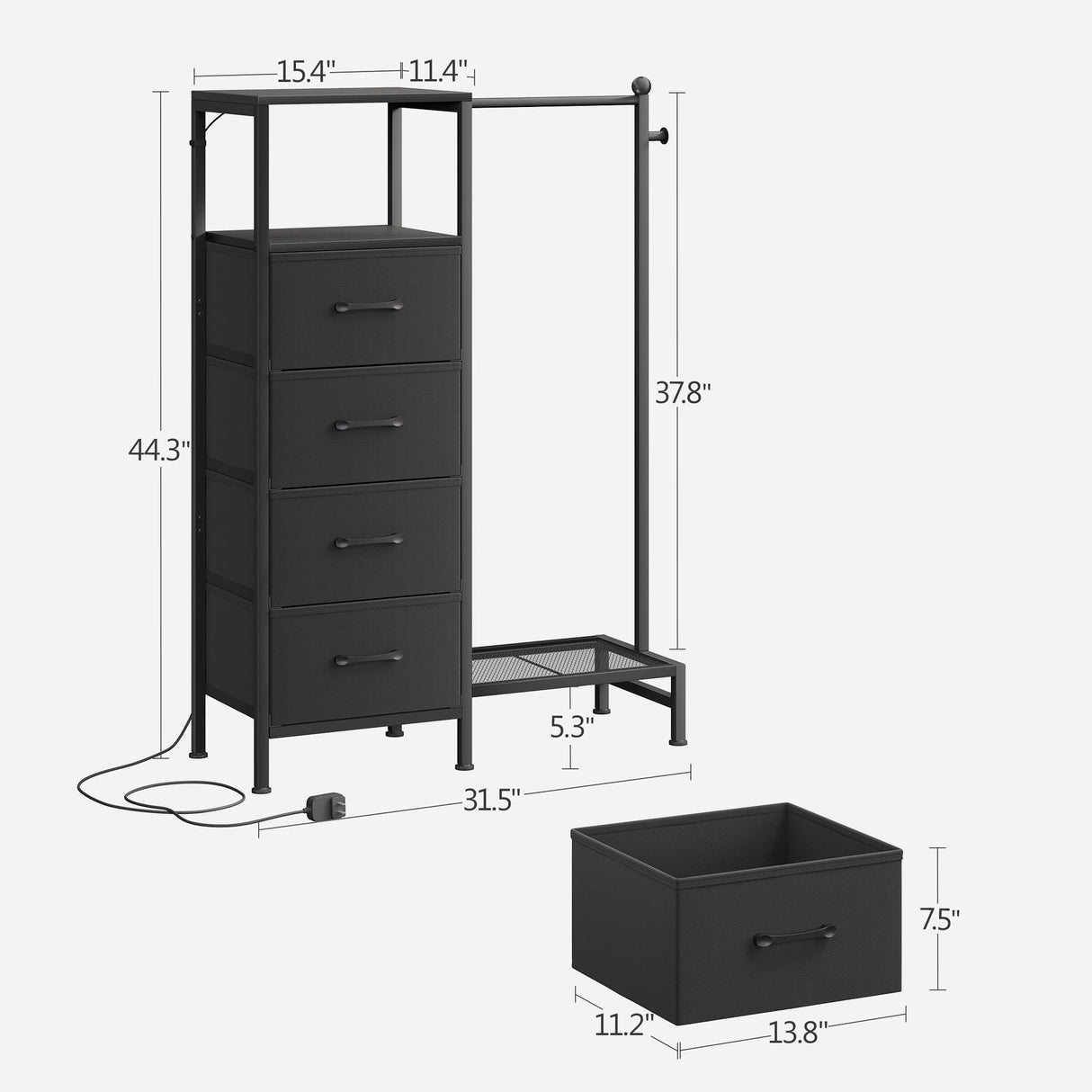 TRIFEBLE Dresser for Bedroom with Reversible Hanging Rack, 4 Drawers Dresser with LED Lights, Fabric Dressers with Open Shelf, Chest of Drawers with Clothes Rack, Kids Dressers for Bedroom, Black TRIFEBLE
