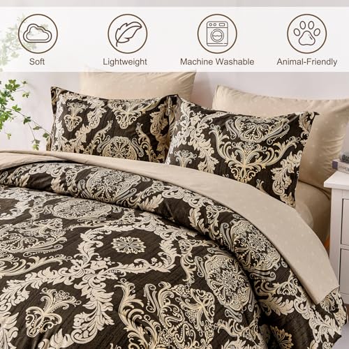 WONGS BEDDING 7 Pieces Comforter Set Queen Size,Damask Texture Design Bed in a Bag Bedding Sets,Brown Soft Lightweight Microfiber Bedding Set for All Season WONGS BEDDING