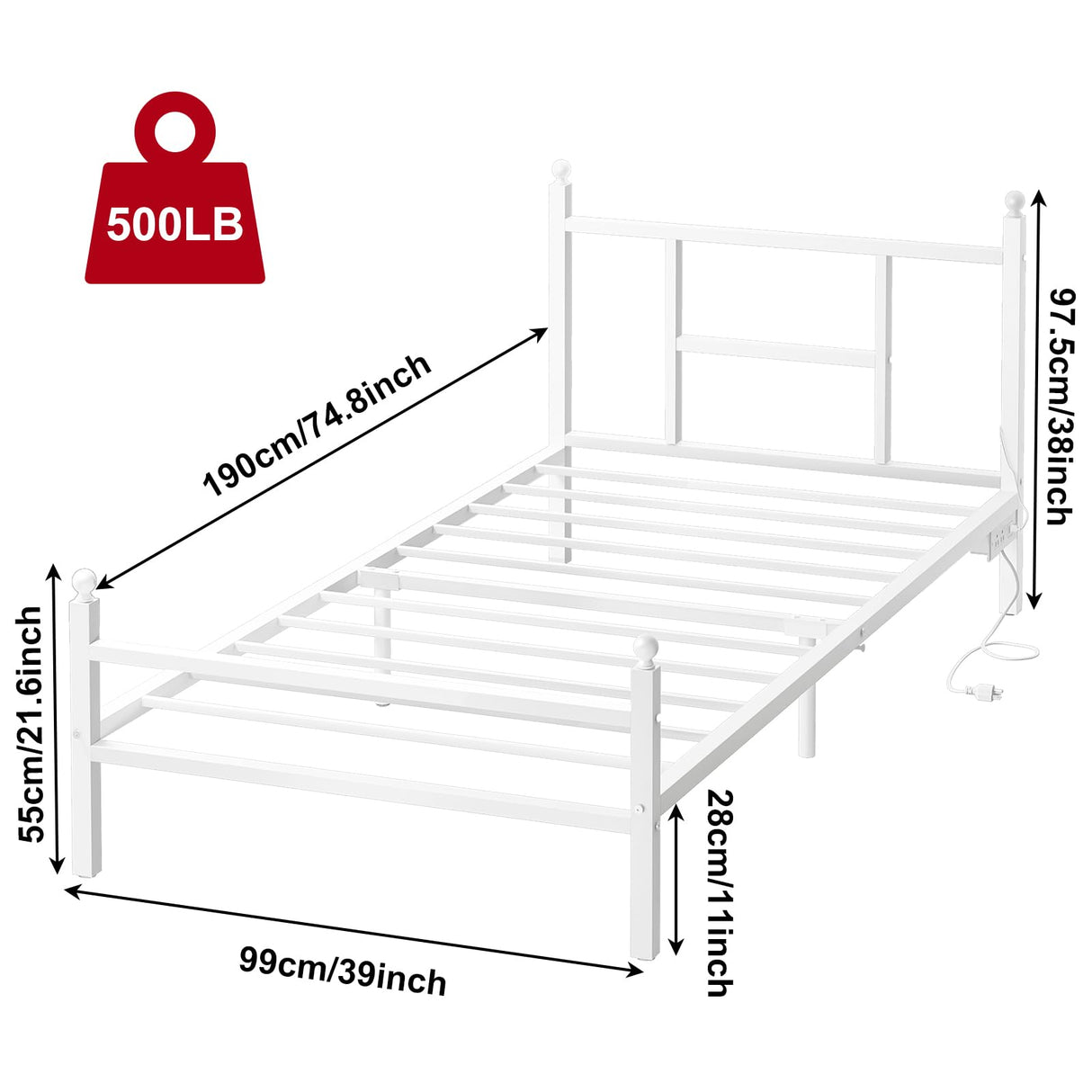 Fixwal Twin Bed Frame with Charging Station, Metal Bed Frame with Port and Outlet, White Fixwal