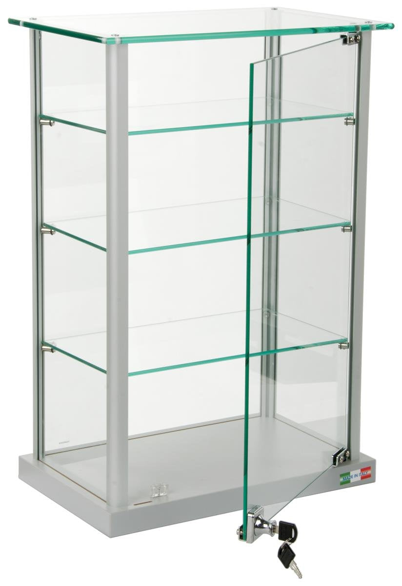 Small Curio Cabinet, Free Standing Glass Display Shelf, Adjustable, Aluminum (Silver Base) Displays2go