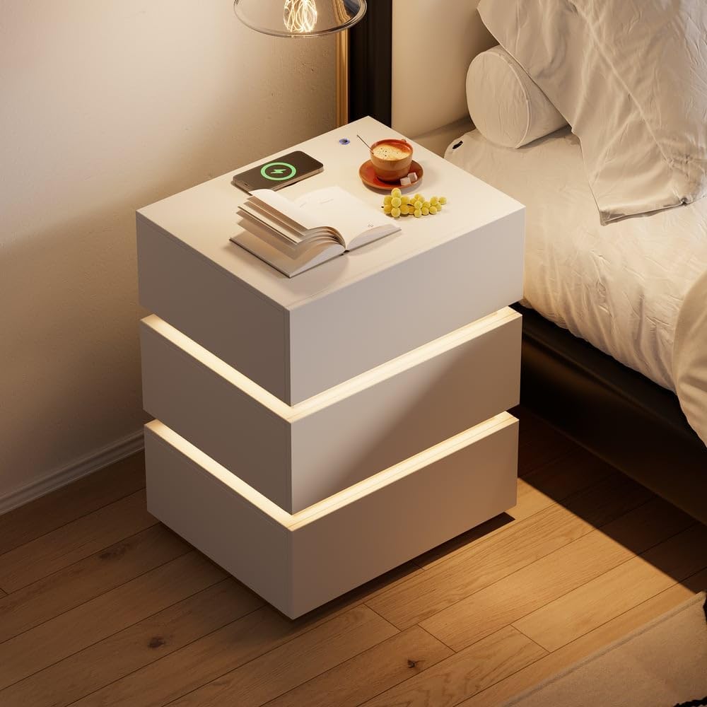 homary Modern Smart Nightstand with Wireless Charging Station, Bedside Table with 3 Drawers, White Night Stand with LED Light homary