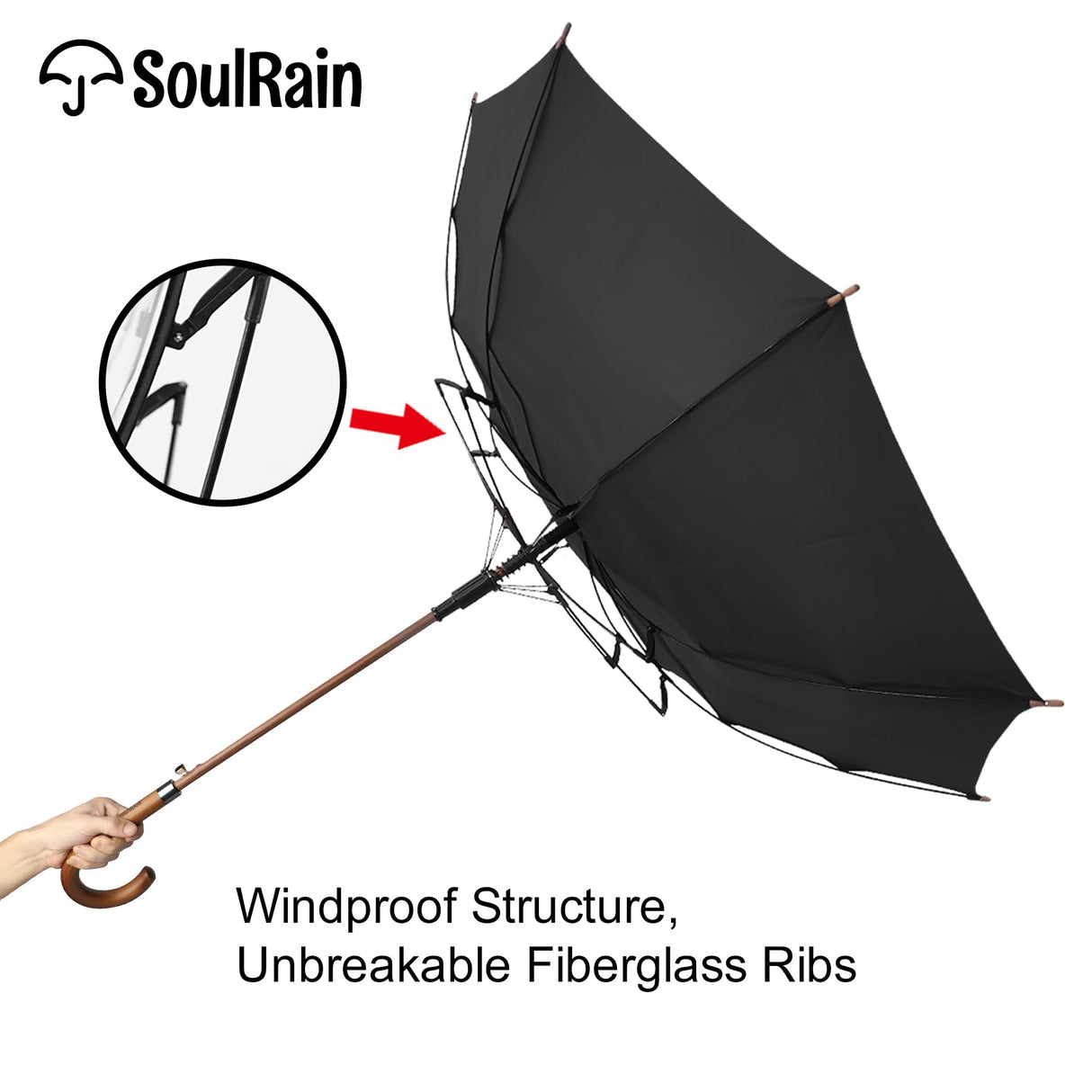 SoulRain 48" Arc Classic Wood Handle Umbrella Auto Open Windproof clear Unbreakable Stick Rain Umbrella (Black) SoulRain