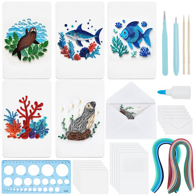 WEBEEDY 20 Sets DIY Sea Animals Theme Greeting Card Making Kit with Instruction for Adult Beginner 5 Styles Dolphins,Fish,Sea Turtles Paper Quilling Kit Summer Theme Party Decoration Gifts
