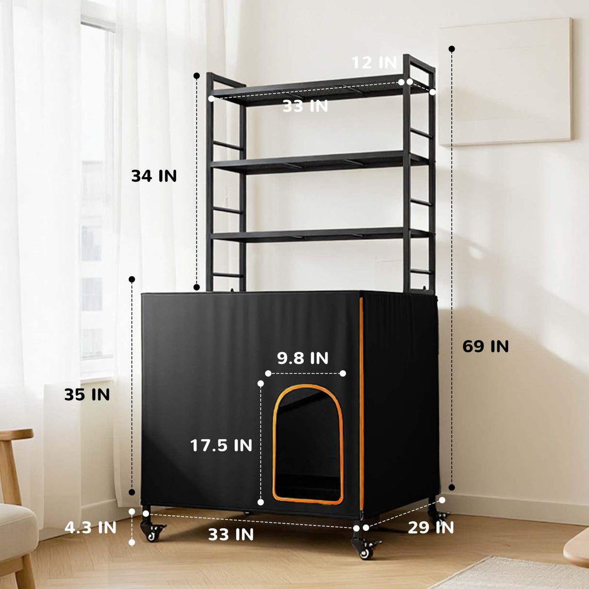 Lekereise Cat Litter Box Enclosure, Large Hidden Litter Box Furniture with Removable Waterproof Cover, Kitty Litter Box Furniture with 3-Tier Adjustable Shelves Storage and Wheels (70.87”H, Black) Lekereise
