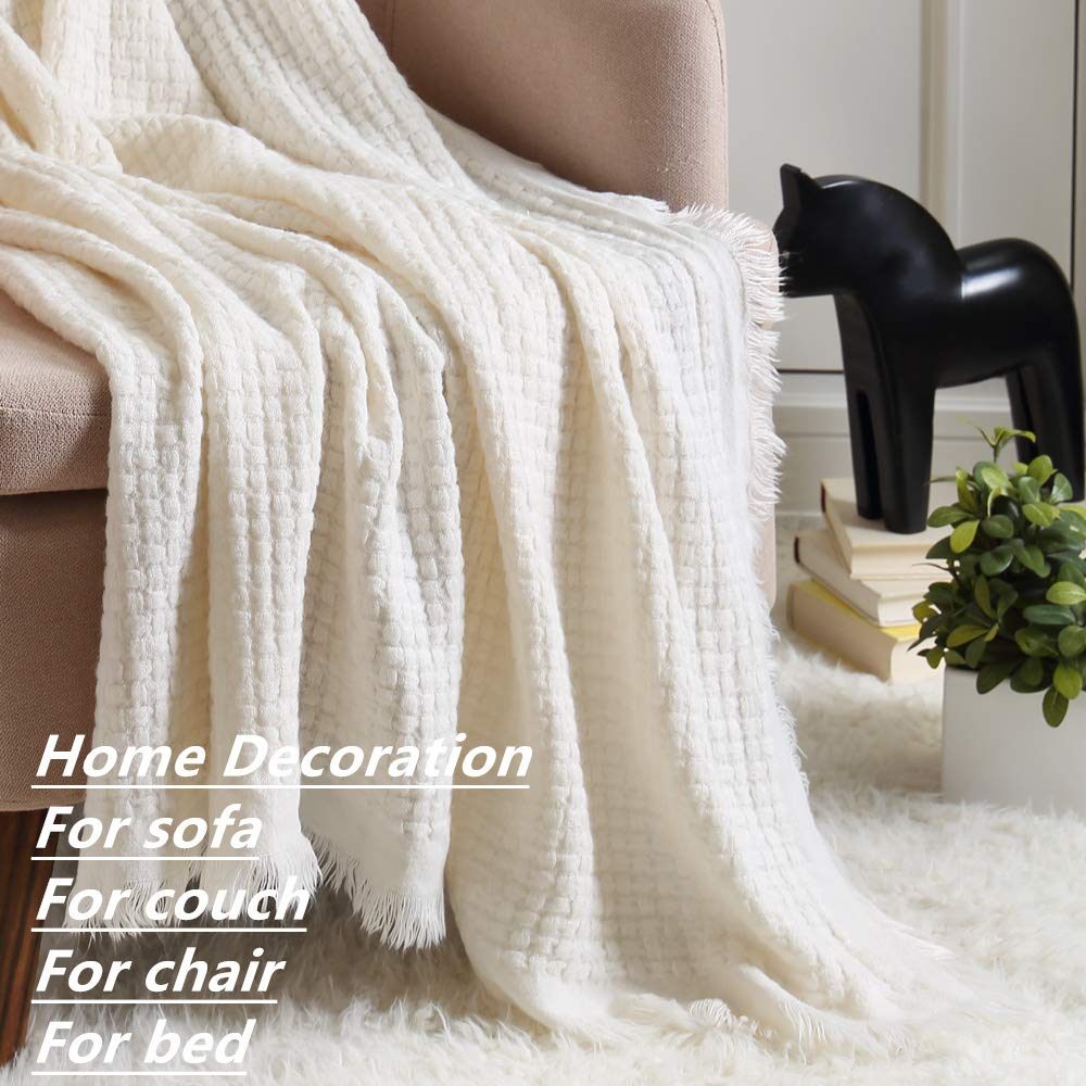 CREVENT Farmhouse Boho Knitted Throw Blanket for Couch Sofa Chair Bed Home Decoration, Soft Warm Cozy Light Weight for Spring Summer Fall (50''X60'' Off White/Ivory/Cream) CREVENT