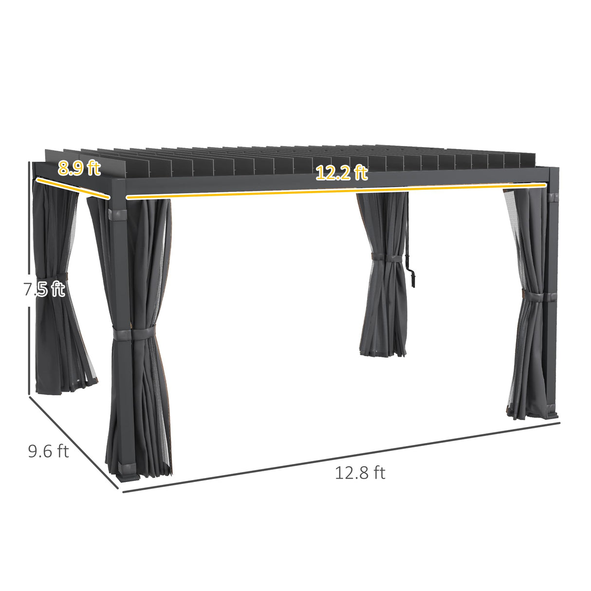 Outsunny 10' x 13' Louvered Pergola Hardtop Gazebo with Adjustable Aluminum Roof and Frame, Outdoor Pergola with Curtains and Netting, for Garden, Lawn, Backyard, and Deck, Dark Gray Outsunny