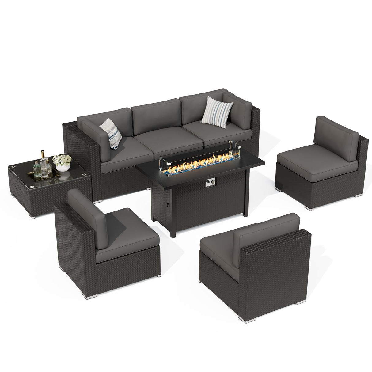 Incbruce 8-Piece Patio Furniture Set with Fire Pit Table, PE Black Brown Wicker Rattan Outdoor Sectional Couch, Patio Conversation Set with Glass Table and Removable Cushions (Grey) Incbruce