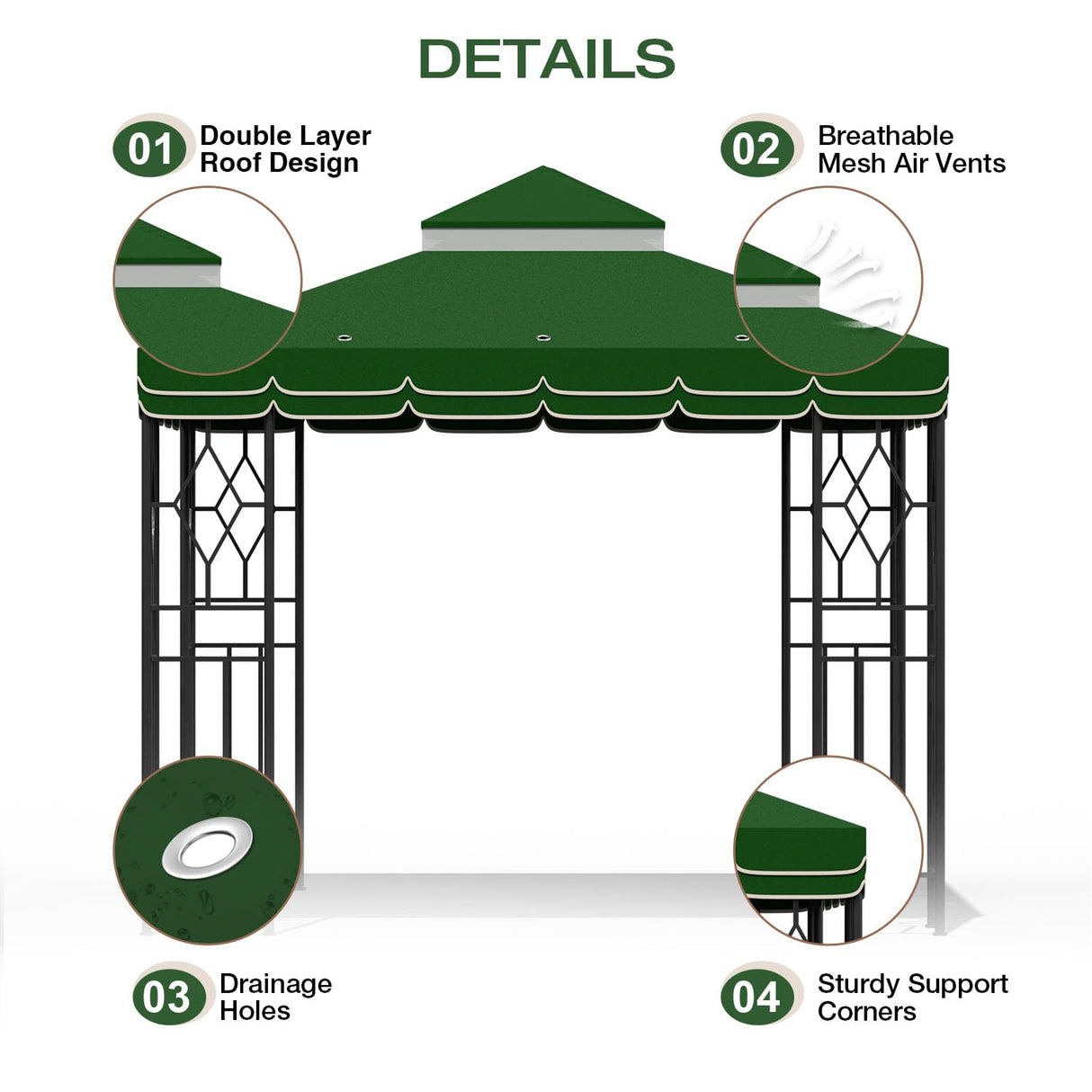 Morikoro 10x10 Canopy Replacement Top Canopy Cover Replacement 10x10 FT Double Tiered Gazebo Covers for Yard Patio Garden Canopy Sunshade (Green with lace) Morikoro