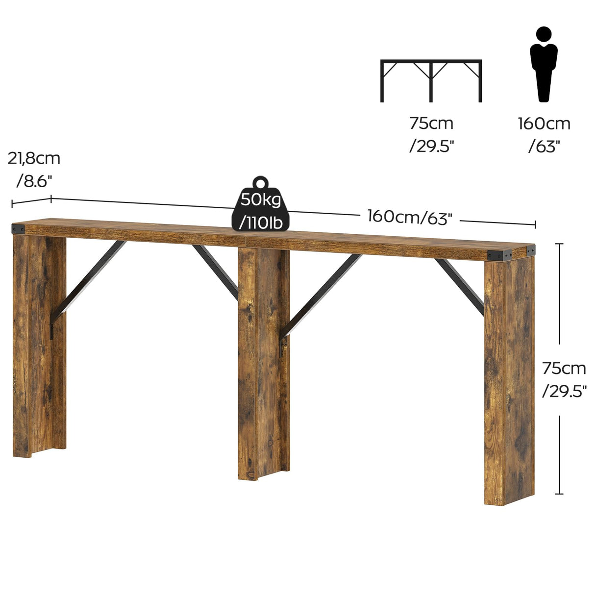 YATINEY Console Table, 63" Long Behind Couch Sofa Table, Entryway Table, Farmhouse Console Table for Narrow Spaces, Hallway, Living Room, Rustic Brown CT30BR YATINEY