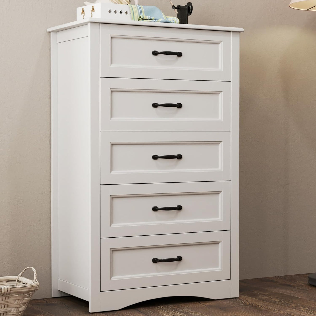 Gizoon 5 Drawer Dresser, White Wood Chest of Drawers for Bedroom, 43.3" Large Capacity Storage Cabinet with Anti-Tip Device, for Clothes, Living Room, Hallway, Office Gizoon