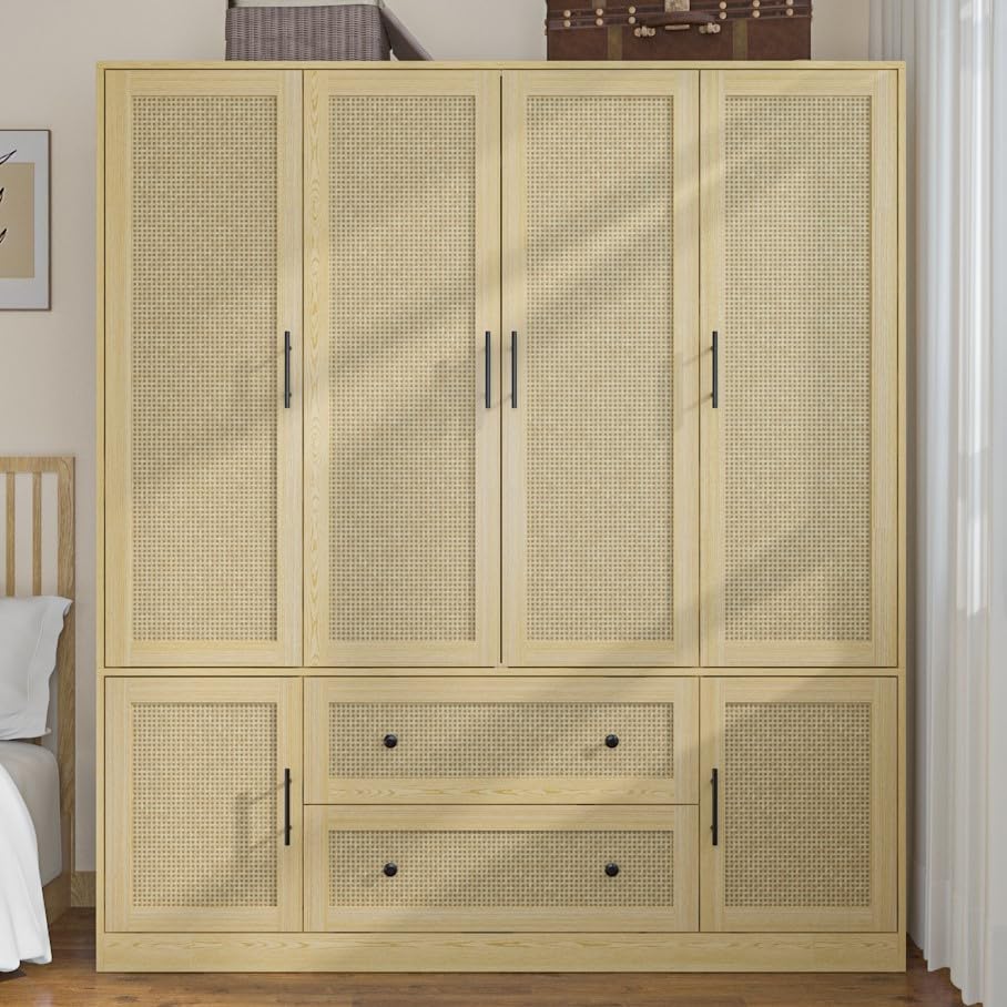 Hitow Ratten Wardrobe Armoire Closet, 6 Door Rattan Closet Wardrobe Cabinet with 2 Drawers & Hanging Rod, Storage Wardrobe Armoire Dresser for Bedroom Organizer (63" W x 19.7" D x 70.9" H) Hitow