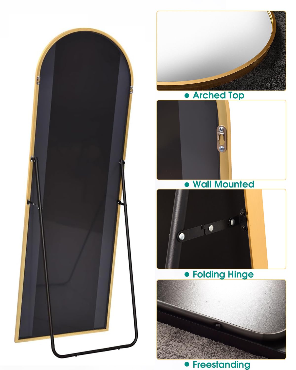 AyeWish Floor Mirror, Full Length Mirror, Arched Mirror, Standing Mirror, Tall Mirror, Wall Mounted, FreeStanding, Large Mirror, 58"×18", Aluminum Frame - Gold AyeWish