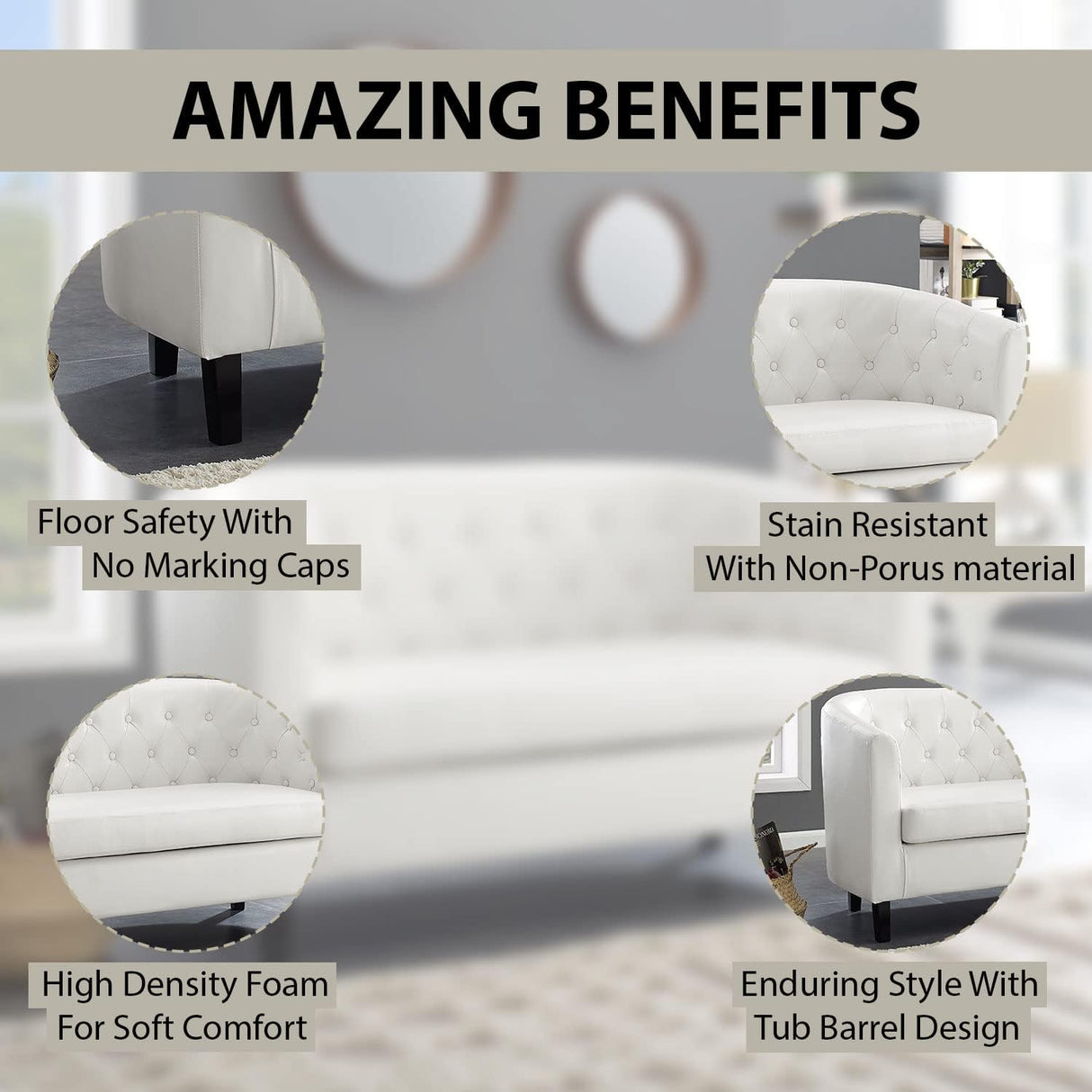 Emma Loveseat, Button Tufted Faux Leather Barrel Loveseat, Midcentury Modern 2 Seater Sofa Couch, Small Loveseat for Small Spaces, Bedrooms, Couches for Living Room, Easy Tool-Free Assembly - White Naomi Home