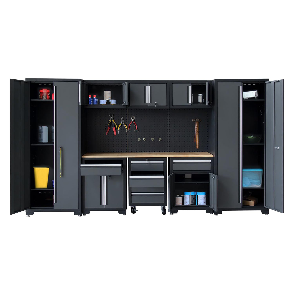 HPDMC Garage Storage Cabinet System 9-Pcs Workshop Set Garage Cabinets and Storage System with Steel Cabinet Drawers, Rolling Chest, Workbench, Pegboard for Garage Tool Organization, Black and Grey HPDMC