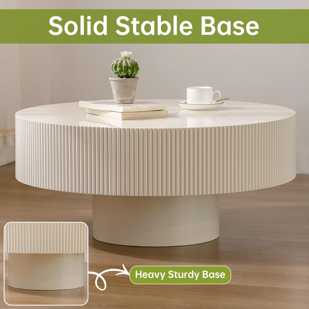 WUPDPQS Round Drum Coffee Table White Round Fluted Coffee Table Wood Circle Coffee Table Circular Pedestal Coffee Table Industrial Center Table for Farmhouse Living Room (White, 30.9 * 30.9 * 13.8") WUPDPQS