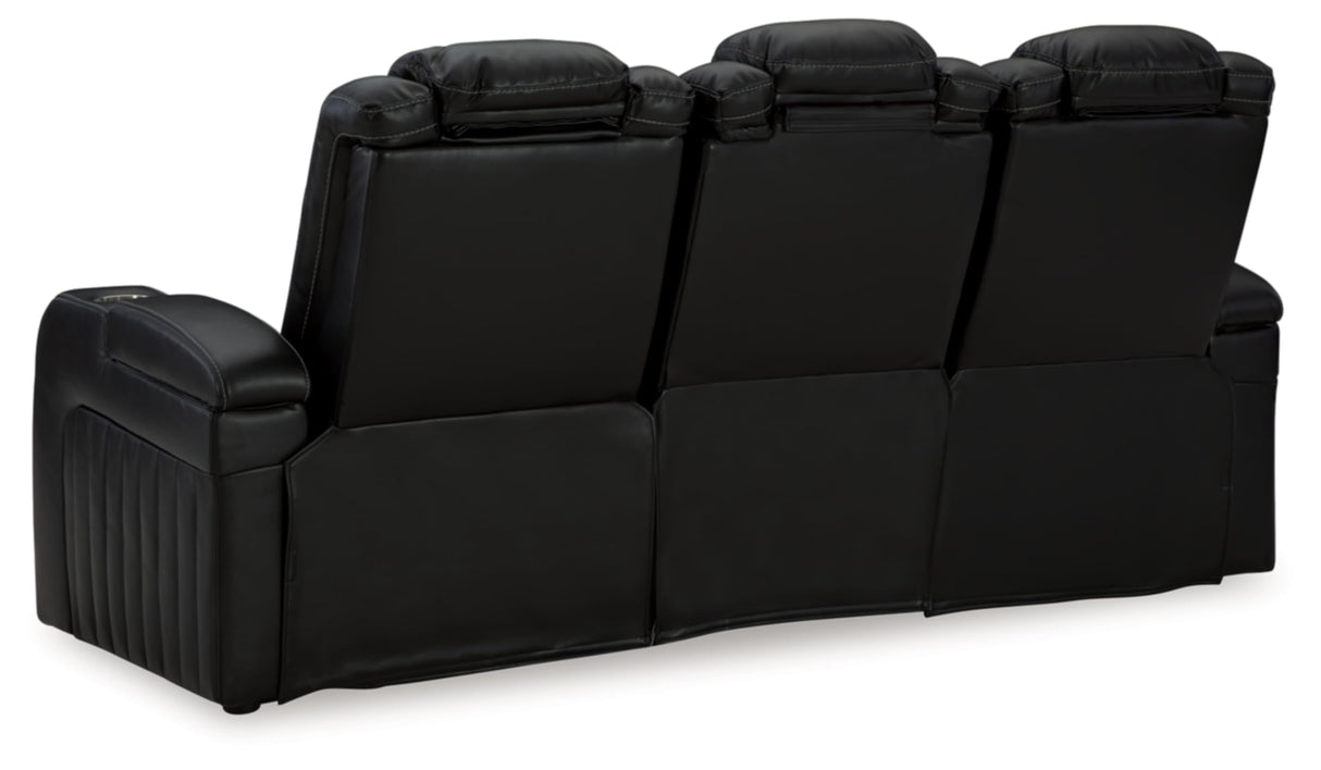 Signature Design by Ashley Caveman Den Modern Faux Leather Power Reclining Sofa with Adjustable Headrest, Drop Down Table, Electrical Outlets and LED Reading Lights, Black Signature Design by Ashley