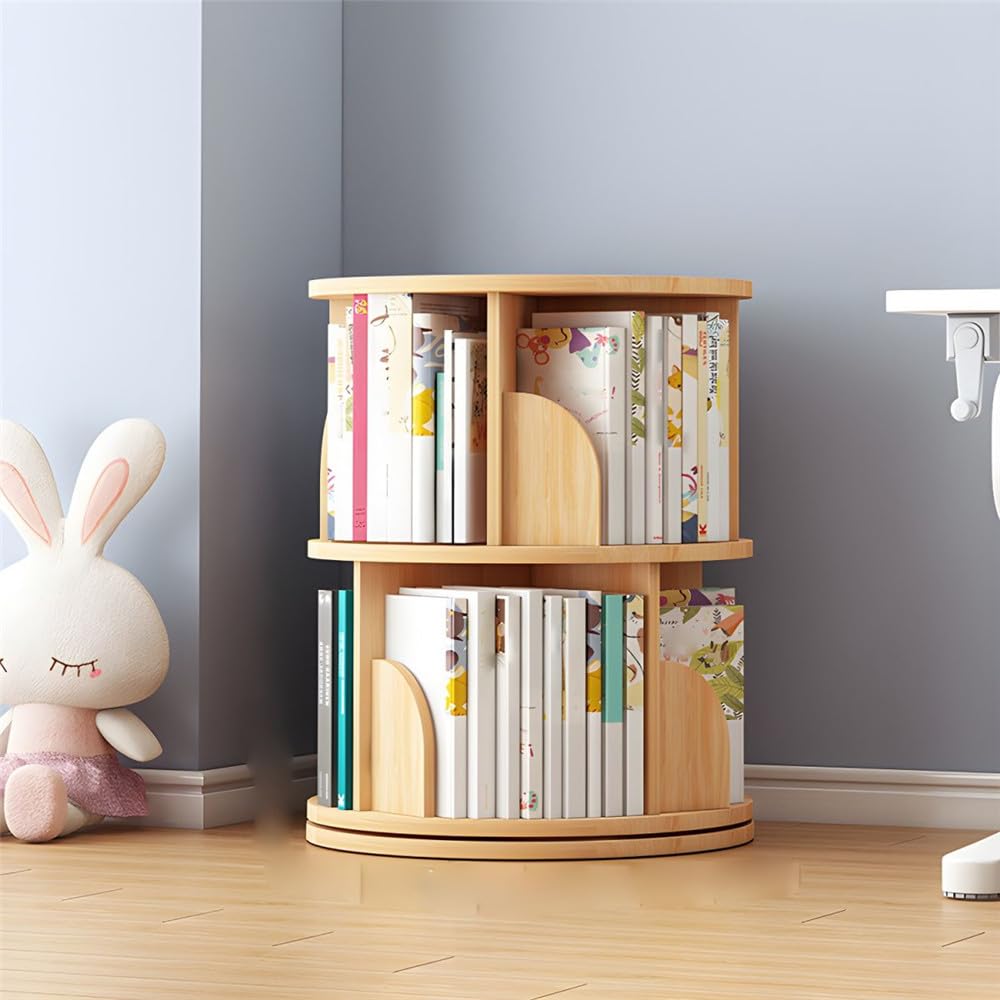 NIUYAO 360-Degree Rotating Solid Wood Bookcase - 2-Tier Versatile Storage Rack NIUYAO